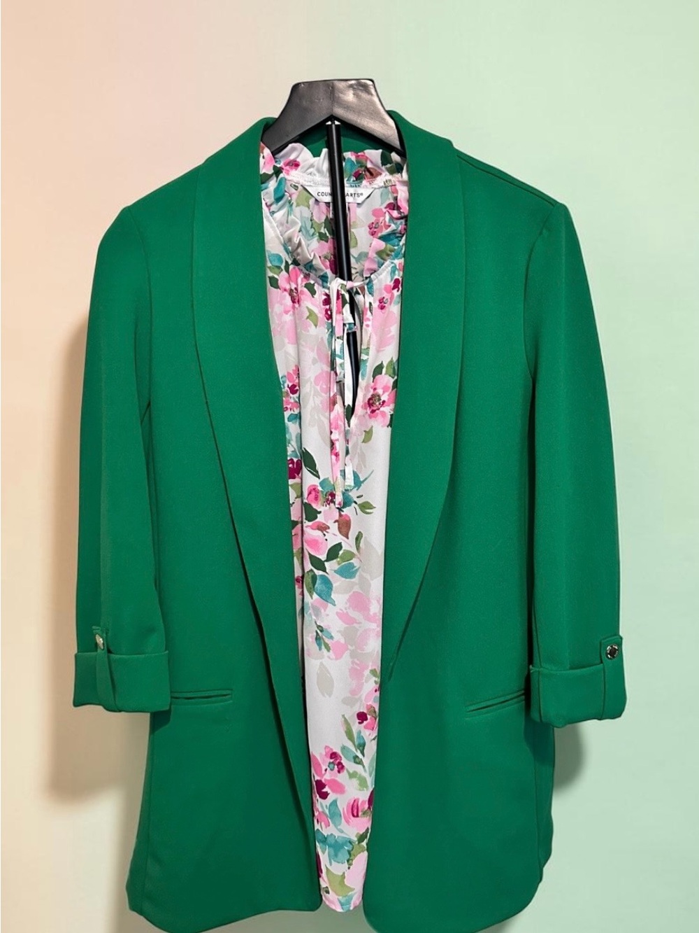 Counterparts White Pink & Green Floral Tie-Neck Cap-Sleeve Blouse - Picture 6 of 6